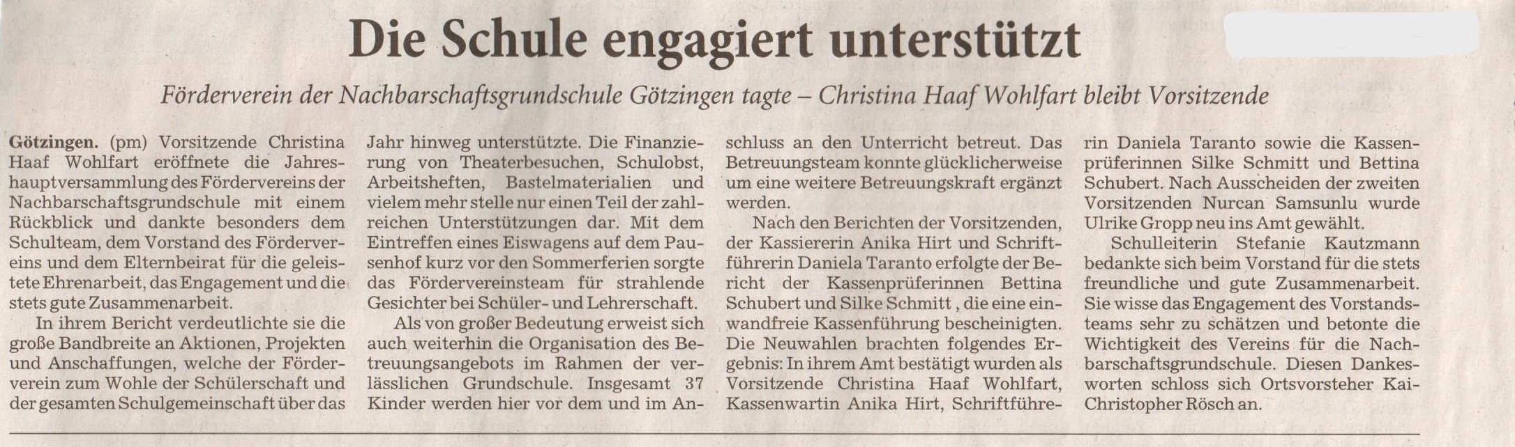 Zeitungsartikel über die Jahreshauptversammlung des Fördervereins am 20. November 2025